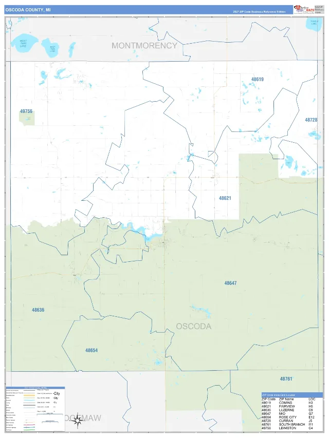 Oscoda County, MI ZIP Code Wall Map, Business Reference style