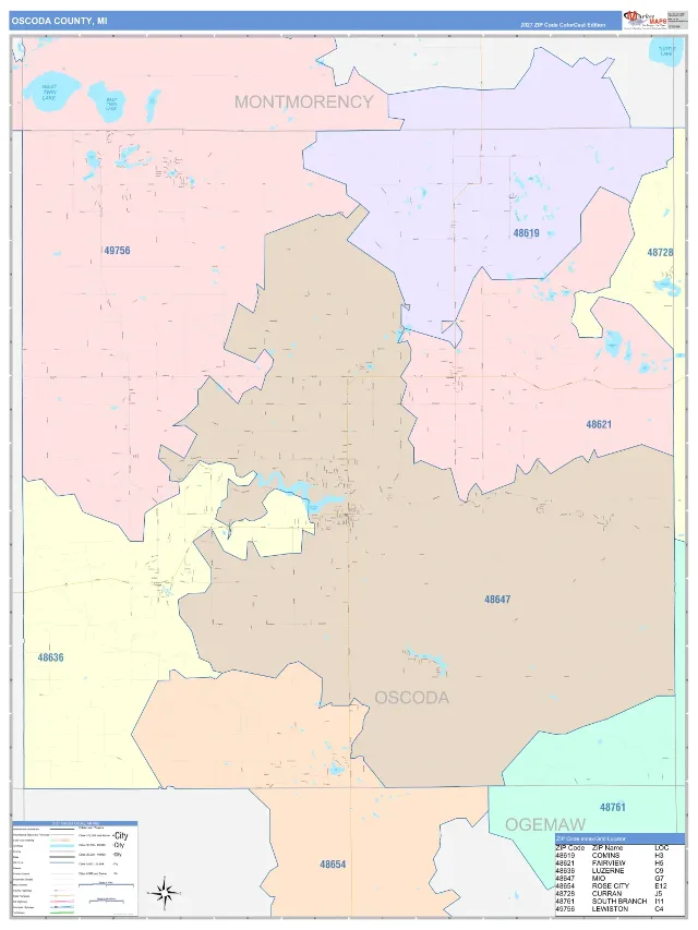 Oscoda County, MI ZIP Code Wall Map, ColorCast style