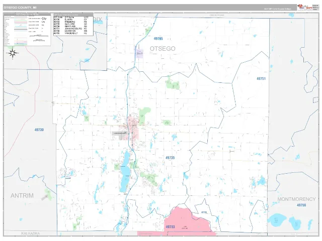 Otsego County, MI ZIP Code Wall Map, Classic style