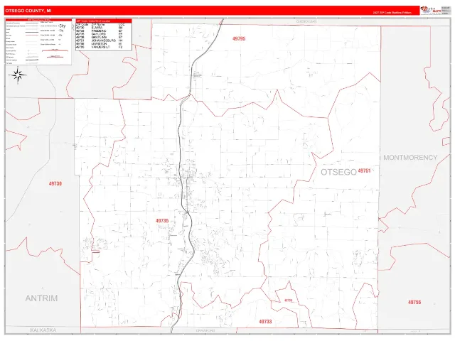 Otsego County, MI ZIP Code Wall Map, RedLine style