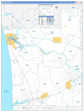Ottawa County, MI Business Reference style ZIP Code wall map