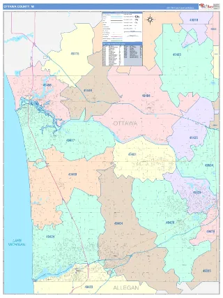 Ottawa County, MI ColorCast style ZIP Code wall map