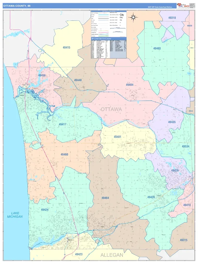 Ottawa County, MI ZIP Code Wall Map, ColorCast style