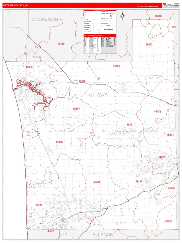 Ottawa County, MI ZIP Code Wall Map, RedLine style