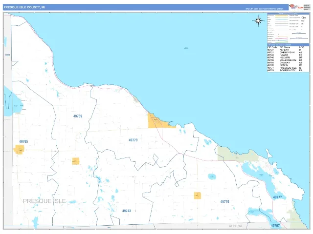 Presque Isle County, MI ZIP Code Wall Map, Business Reference style