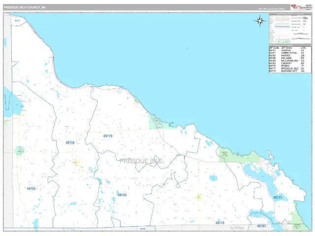 Presque Isle County, MI ZIP Code Wall Map, Classic style
