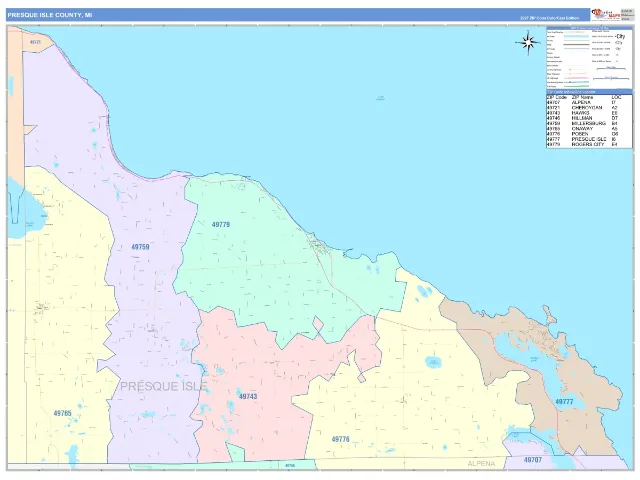 Presque Isle County, MI ZIP Code Wall Map, ColorCast style