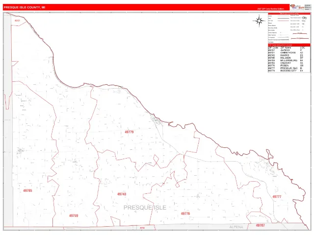 Presque Isle County, MI ZIP Code Wall Map, RedLine style