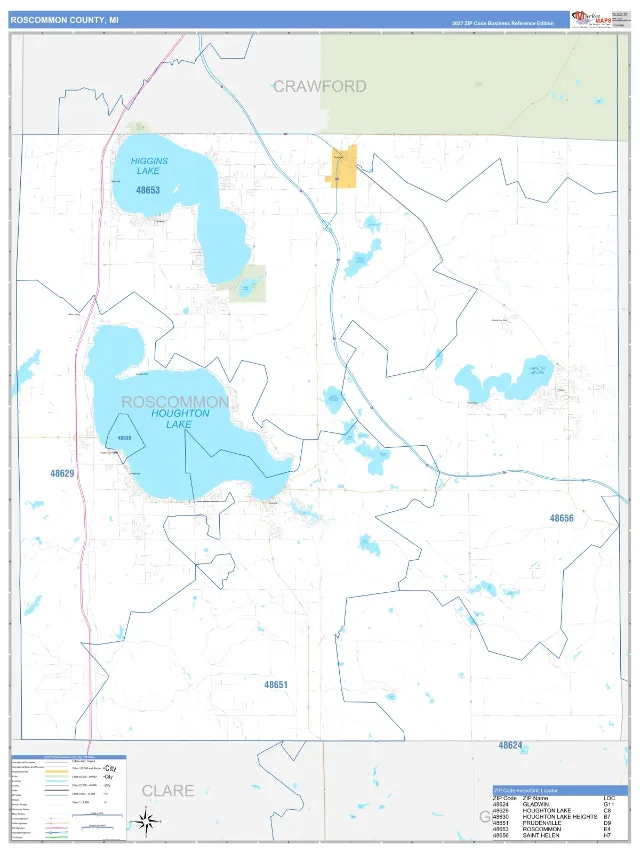 Roscommon County, MI ZIP Code Wall Map, Business Reference style