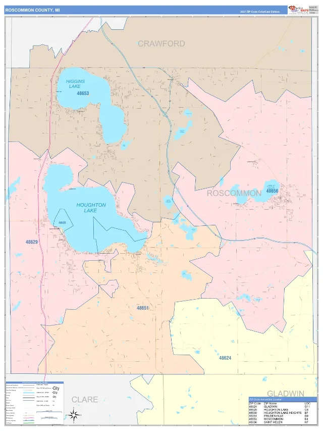 Roscommon County, MI ZIP Code Wall Map, ColorCast style