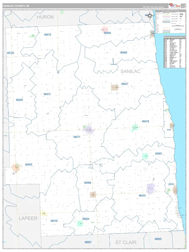 Sanilac County, MI ZIP Code Wall Map, Classic style
