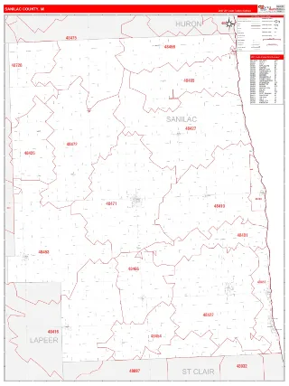Sanilac County, MI RedLine style ZIP Code wall map