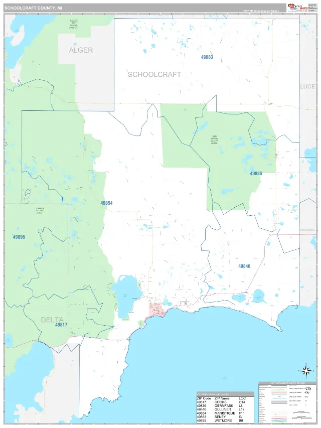 Schoolcraft County, MI ZIP Code Wall Map, Classic style