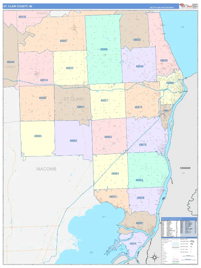 St. Clair County, MI ZIP Code Wall Map, ColorCast style