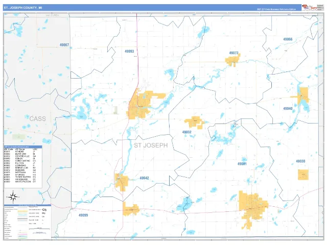 St. Joseph County, MI ZIP Code Wall Map, Business Reference style