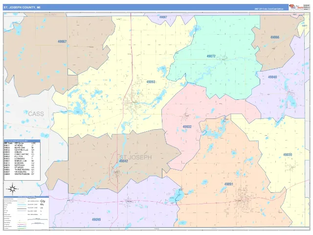 St. Joseph County, MI ZIP Code Wall Map, ColorCast style