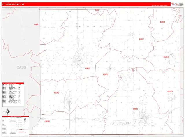 St. Joseph County, MI ZIP Code Wall Map, RedLine style