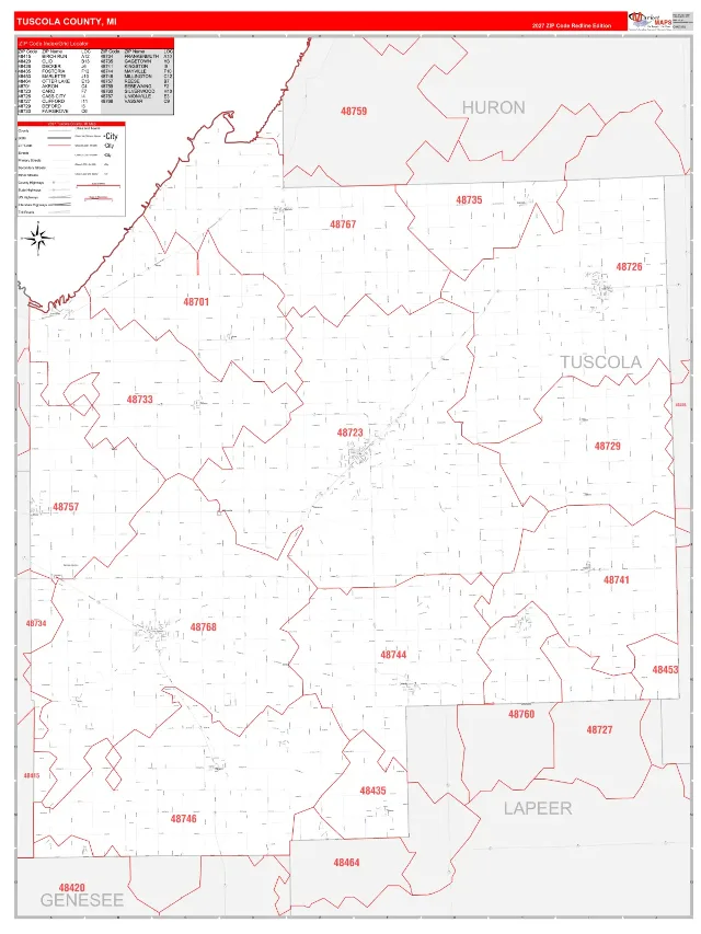 Tuscola County, MI ZIP Code Wall Map, RedLine style