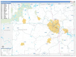 Washtenaw County, MI Business Reference style ZIP Code wall map
