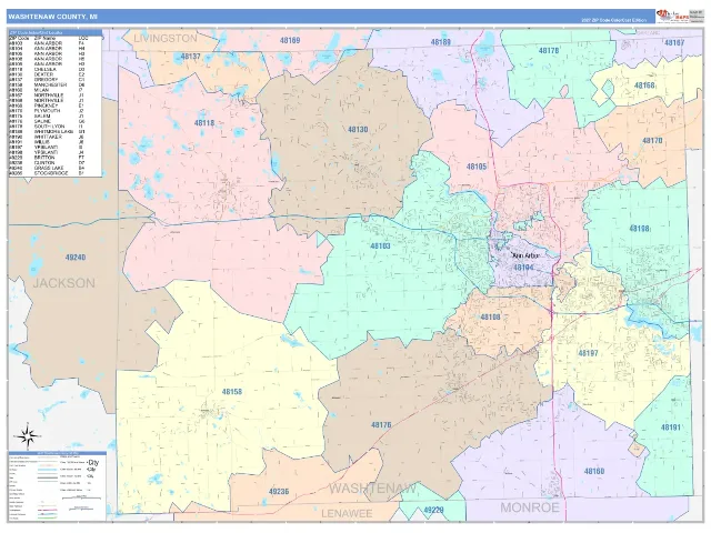 Washtenaw County, MI ZIP Code Wall Map, ColorCast style