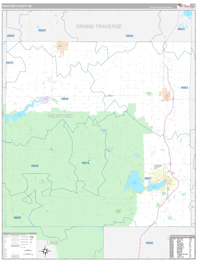 Wexford County, MI ZIP Code Wall Map, Classic style