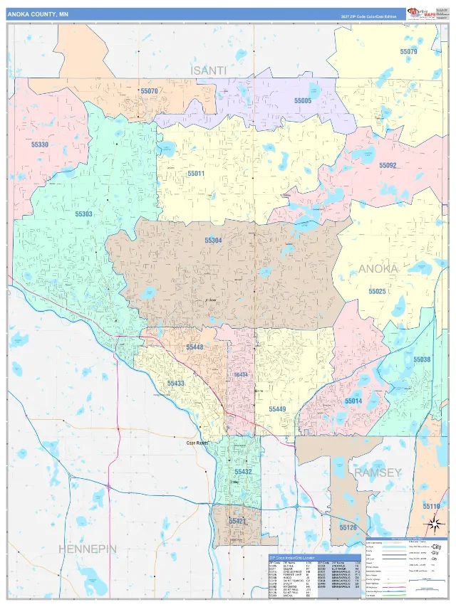 Anoka County, MN ZIP Code Wall Map, ColorCast style
