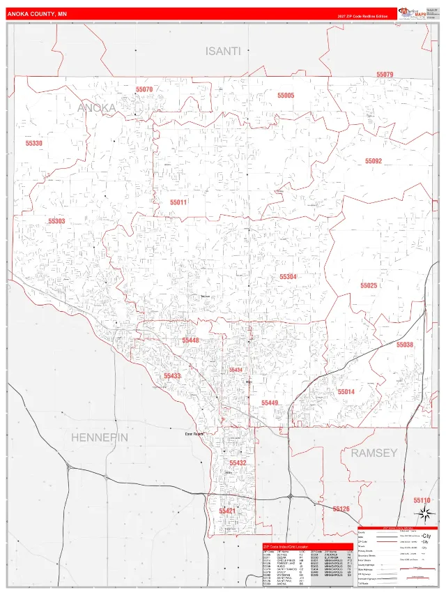 Anoka County, MN ZIP Code Wall Map, RedLine style