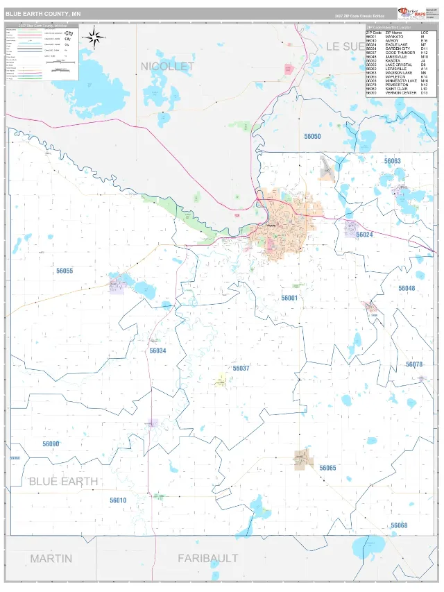 Blue Earth County, MN ZIP Code Wall Map, Classic style