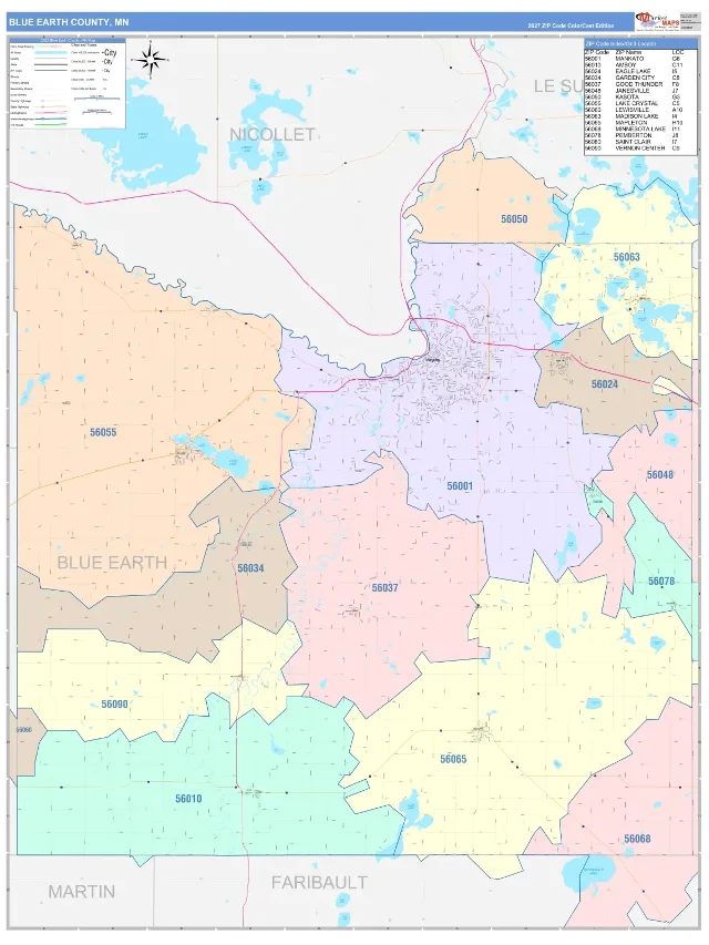 Blue Earth County, MN ZIP Code Wall Map, ColorCast style