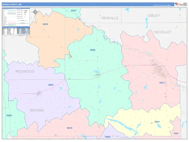 Brown County, MN ZIP Code Wall Map, ColorCast style