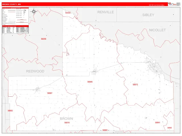 Brown County, MN ZIP Code Wall Map, RedLine style