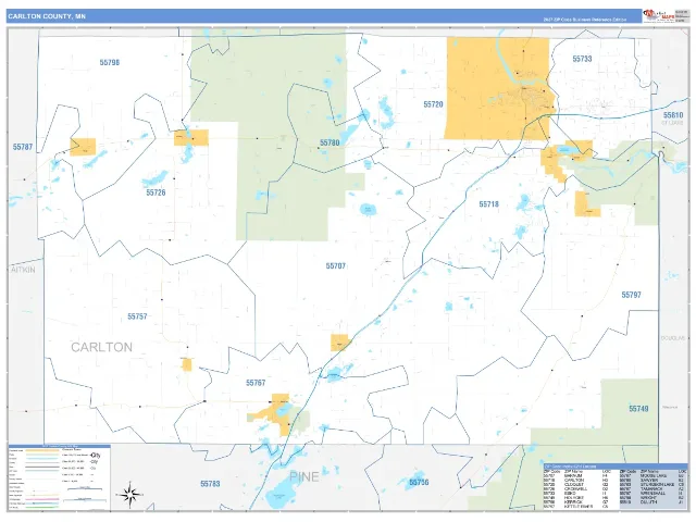 Carlton County, MN ZIP Code Wall Map, Business Reference style