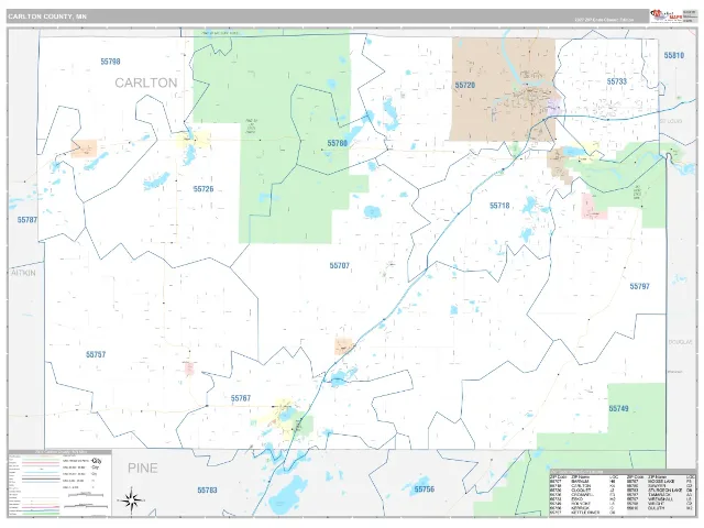 Carlton County, MN ZIP Code Wall Map, Classic style