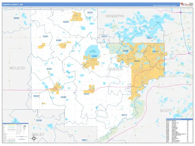 Carver County, MN ZIP Code Wall Map, Business Reference style