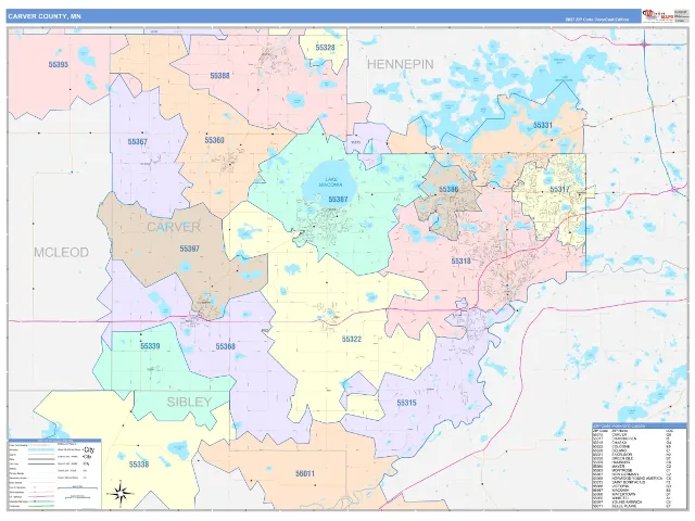 Carver County, MN ZIP Code Wall Map, ColorCast style