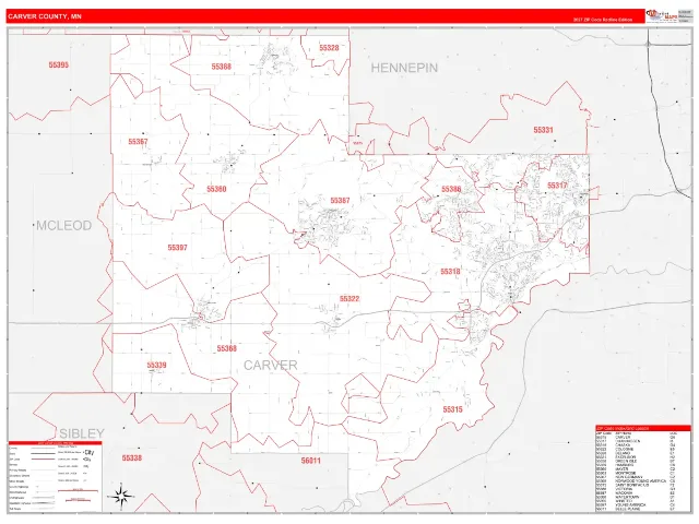 Carver County, MN ZIP Code Wall Map, RedLine style