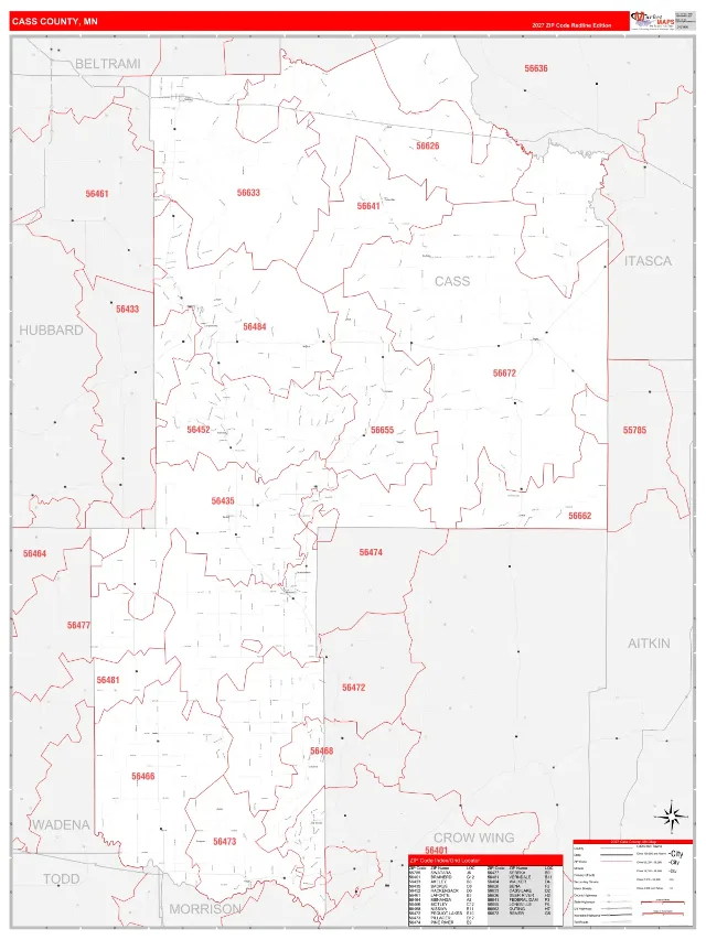 Cass County, MN ZIP Code Wall Map, RedLine style