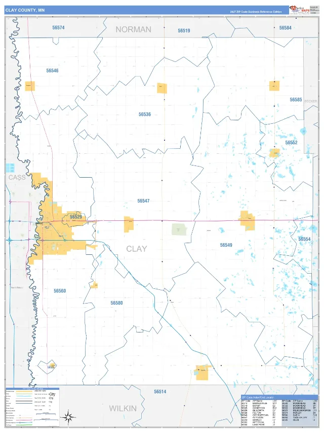 Clay County, MN ZIP Code Wall Map, Business Reference style