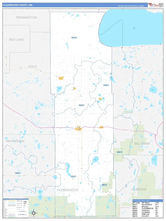 Clearwater County, MN ZIP Code Wall Map, Business Reference style