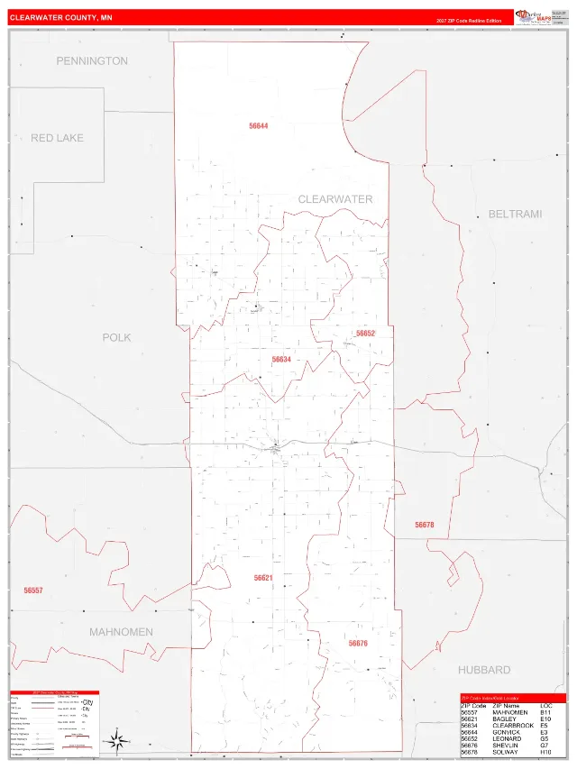 Clearwater County, MN ZIP Code Wall Map, RedLine style