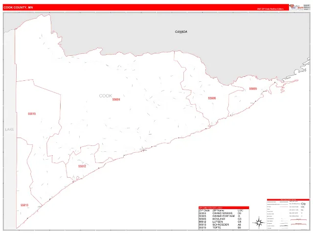 Cook County, MN ZIP Code Wall Map, RedLine style