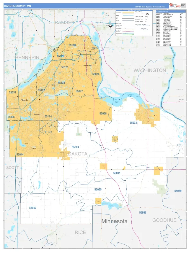 Dakota County, MN ZIP Code Wall Map, Business Reference style