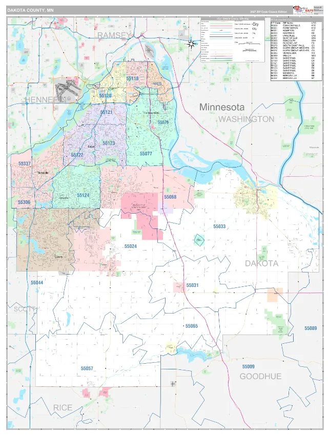 Dakota County, MN ZIP Code Wall Map, Classic style