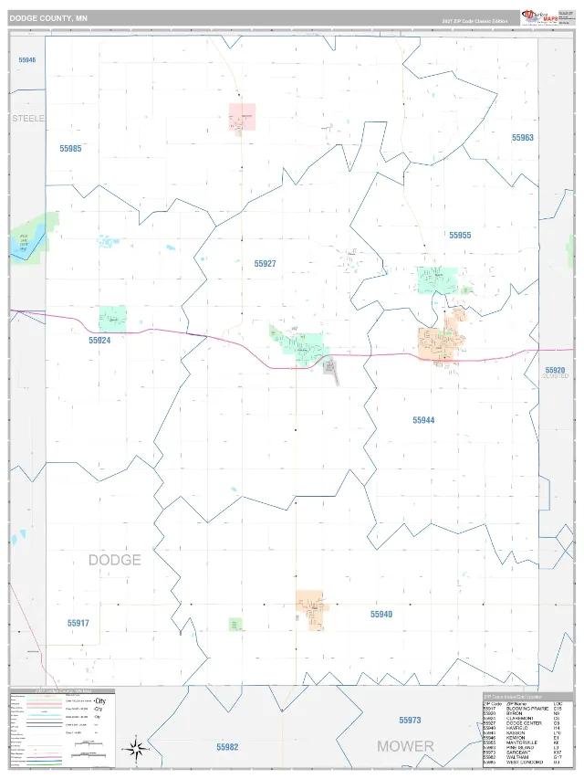 Dodge County, MN ZIP Code Wall Map, Classic style