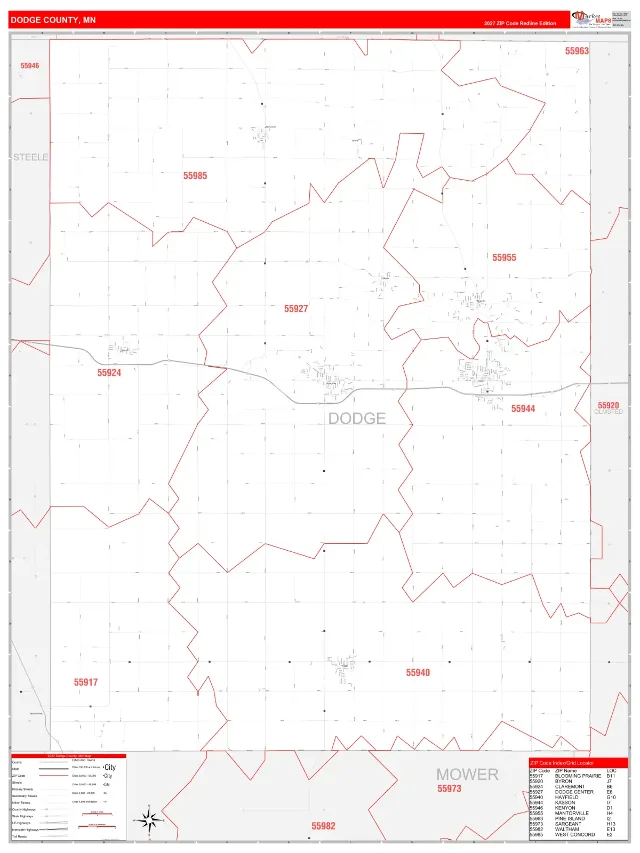 Dodge County, MN ZIP Code Wall Map, RedLine style