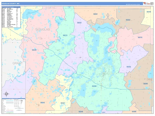 Douglas County, MN ZIP Code Wall Map, ColorCast style