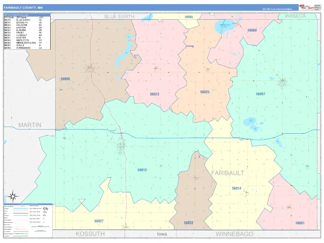Faribault County, MN ZIP Code Wall Map, ColorCast style