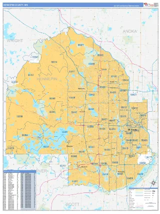 Hennepin County, MN Business Reference style ZIP Code wall map