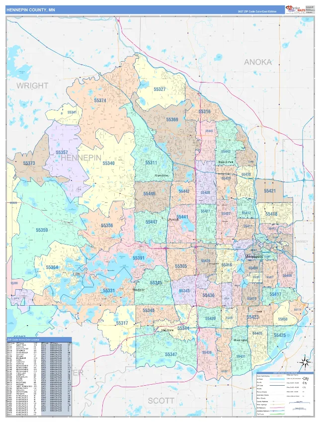 Hennepin County, MN ZIP Code Wall Map, ColorCast style