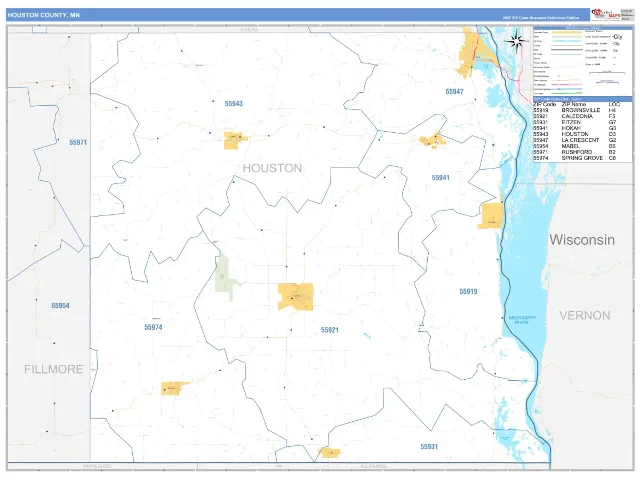 Houston County, MN ZIP Code Wall Map, Business Reference style